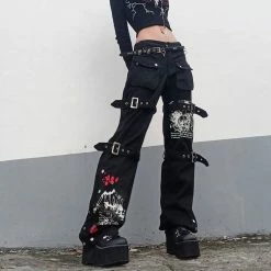 Yoursblack Punk Metal Buckle Printed Jeans