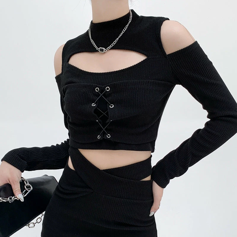 Yoursblack Off-Shoulder Tie Crop Top & Criss-Cross Mini Skirt 6 Yoursblack Off-Shoulder Tie Crop Top & Criss-Cross Mini Skirt