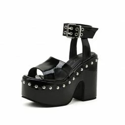 Yoursblack Patent Leather Studded Fish Mouth Sandals