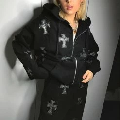 Yoursblack Cross Rhinestone Zip Hooded Sweatshirt NEWS