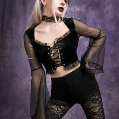 Yoursblack New In Jun Flared Sleeve Lace-Up Velvet Top