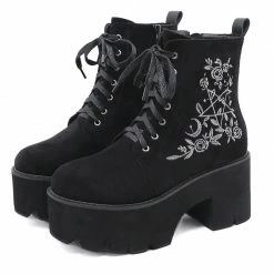 Yoursblack Gothic Pentagram And Rose Lace Up Platform Boots