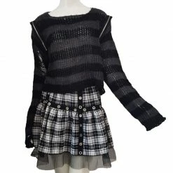 Yoursblack NEWS Zip Off-Shoulder Ripped Punk Sweater