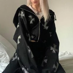 Yoursblack Cross Rhinestone Zip Hooded Sweatshirt NEWS