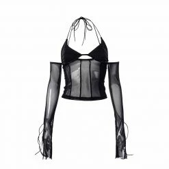 Yoursblack Lace-up Mesh Stitching Off Shoulder Top