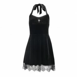 Yoursblack DRESSES Women's Gothic Ruffles Halterneck Lace Black Velet Dress