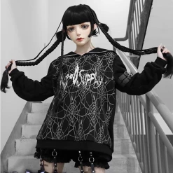 Yoursblack Cobweb Embroidery Navy Collar Hoodie NEWS