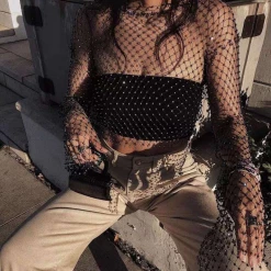 Yoursblack Fishnet Rhinestone Hollow Top