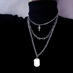 Yoursblack Chain Cross Lock Multilayer Necklace